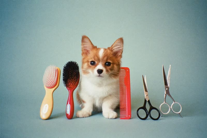 Grooming brushes, comb, scissors and clippers laid out