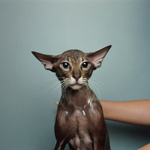 Damp cat mid-bath, steadied by a hand